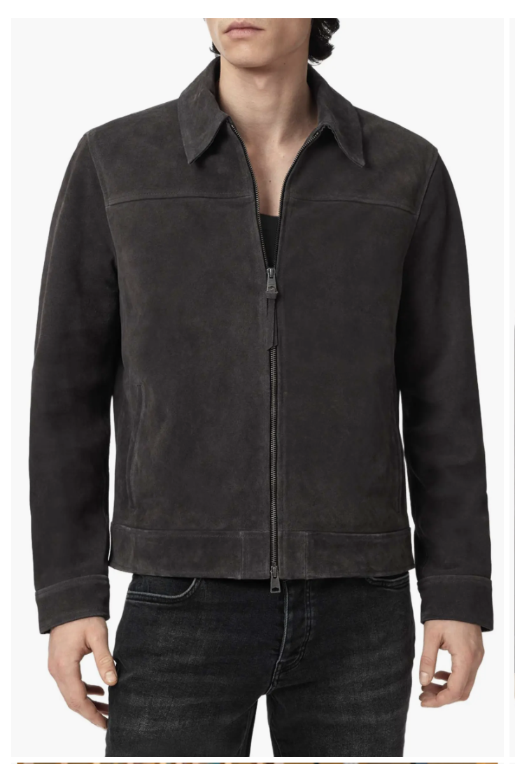 AllSaints Rhone Suede Jacket in Anthracite Grey, front view