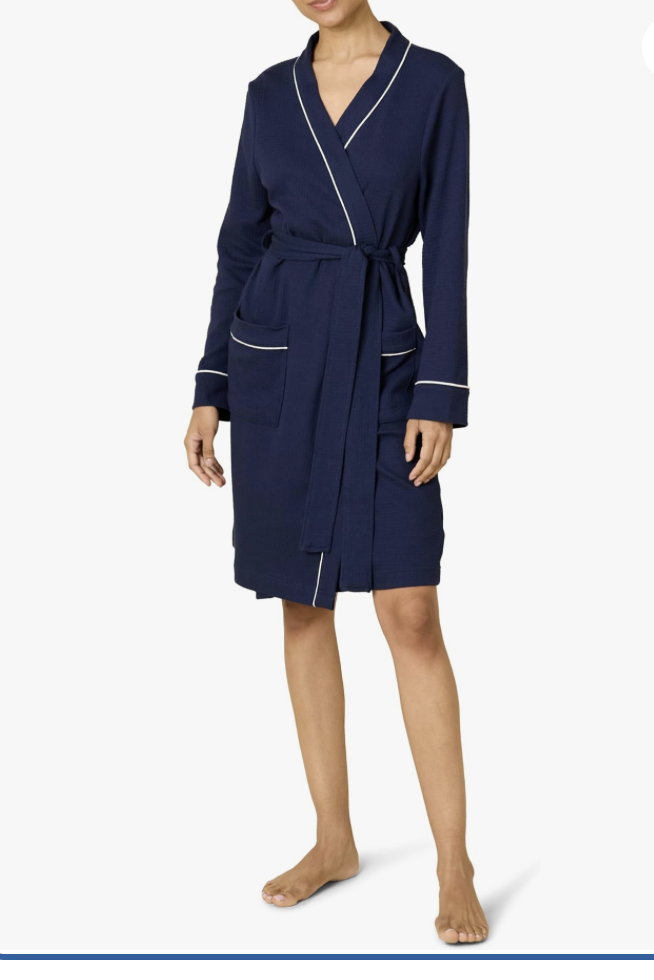 Amazon Essentials Women’s Lightweight Waffle Bath Robe in navy, mid-length
