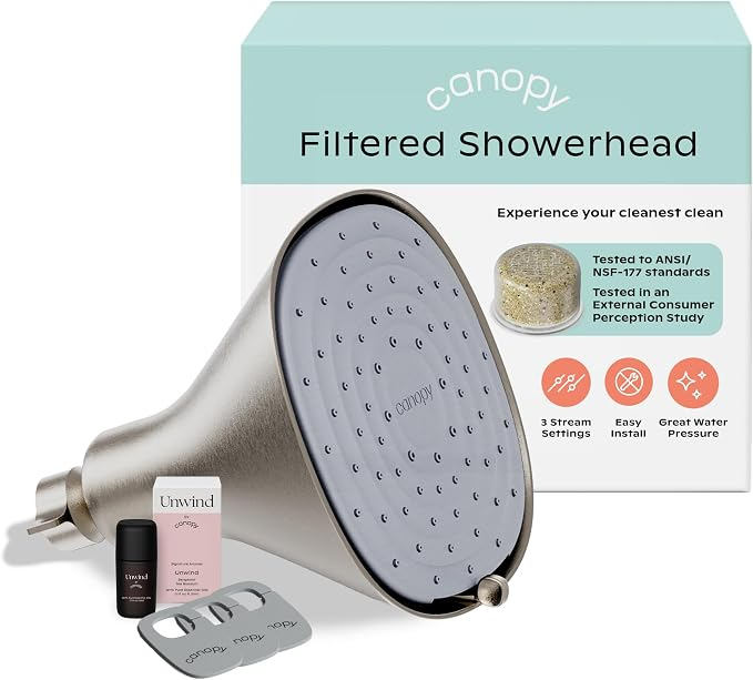 Canopy Filtered Showerhead in Nickel with packaging, filter, and accessories