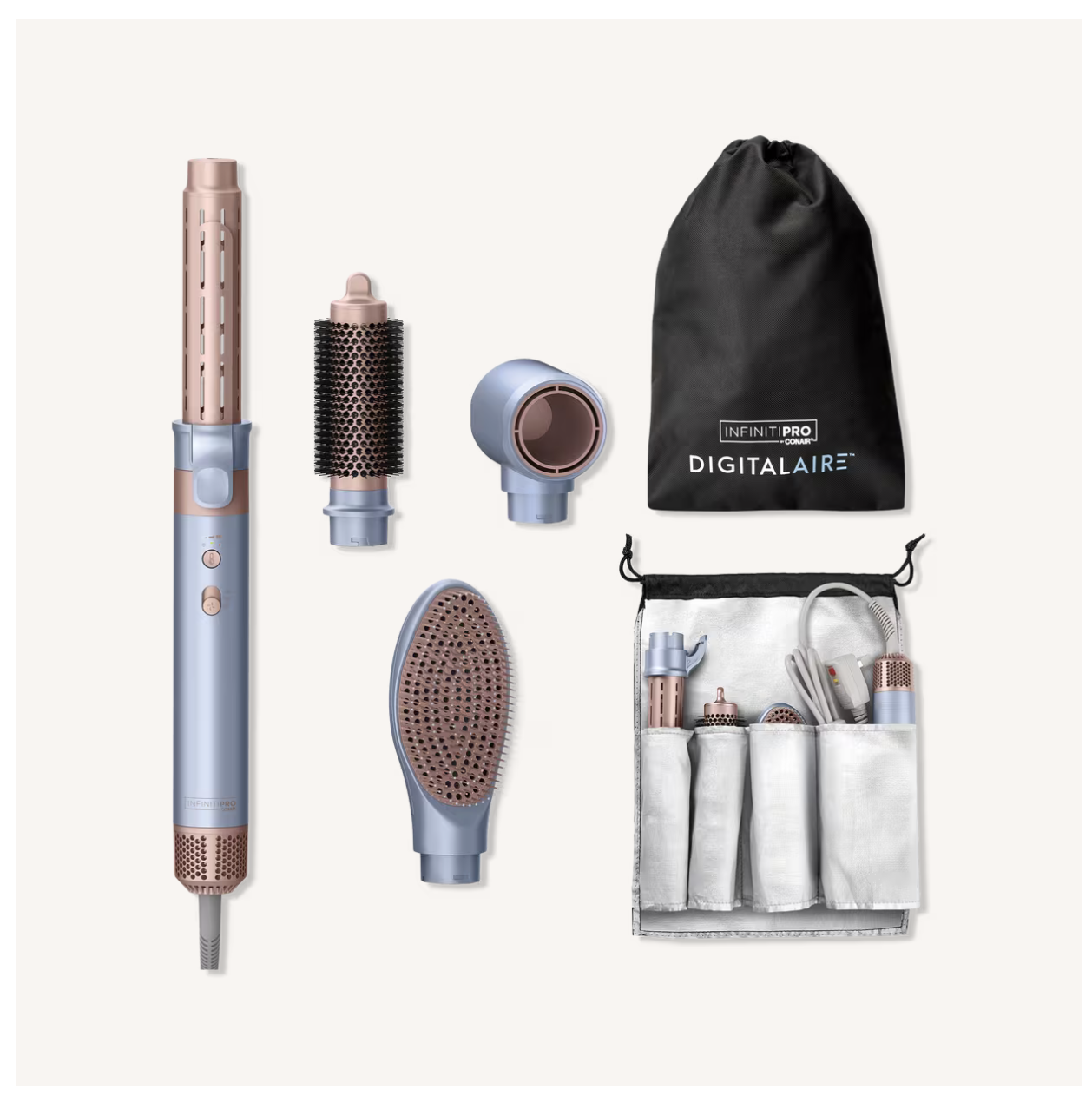 Complete Conair InfinitiPRO DigitalAIRE Styling System with attachments, bag, and organizer pouch