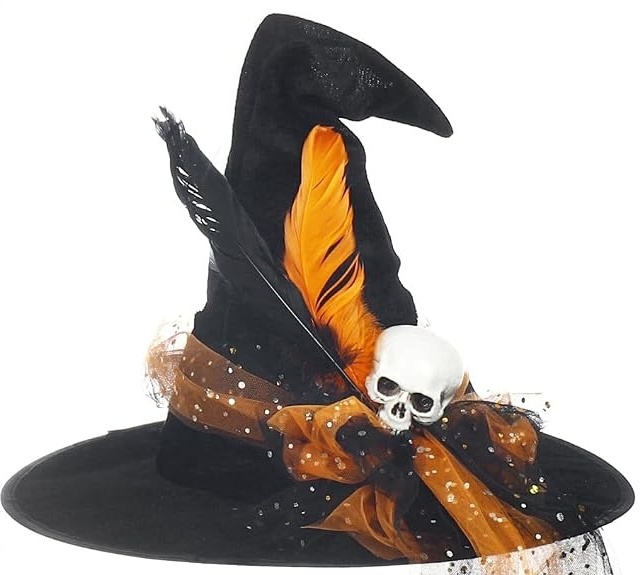 Black Esumun veiled witch hat decorated with feathers, a skull, and an orange bow