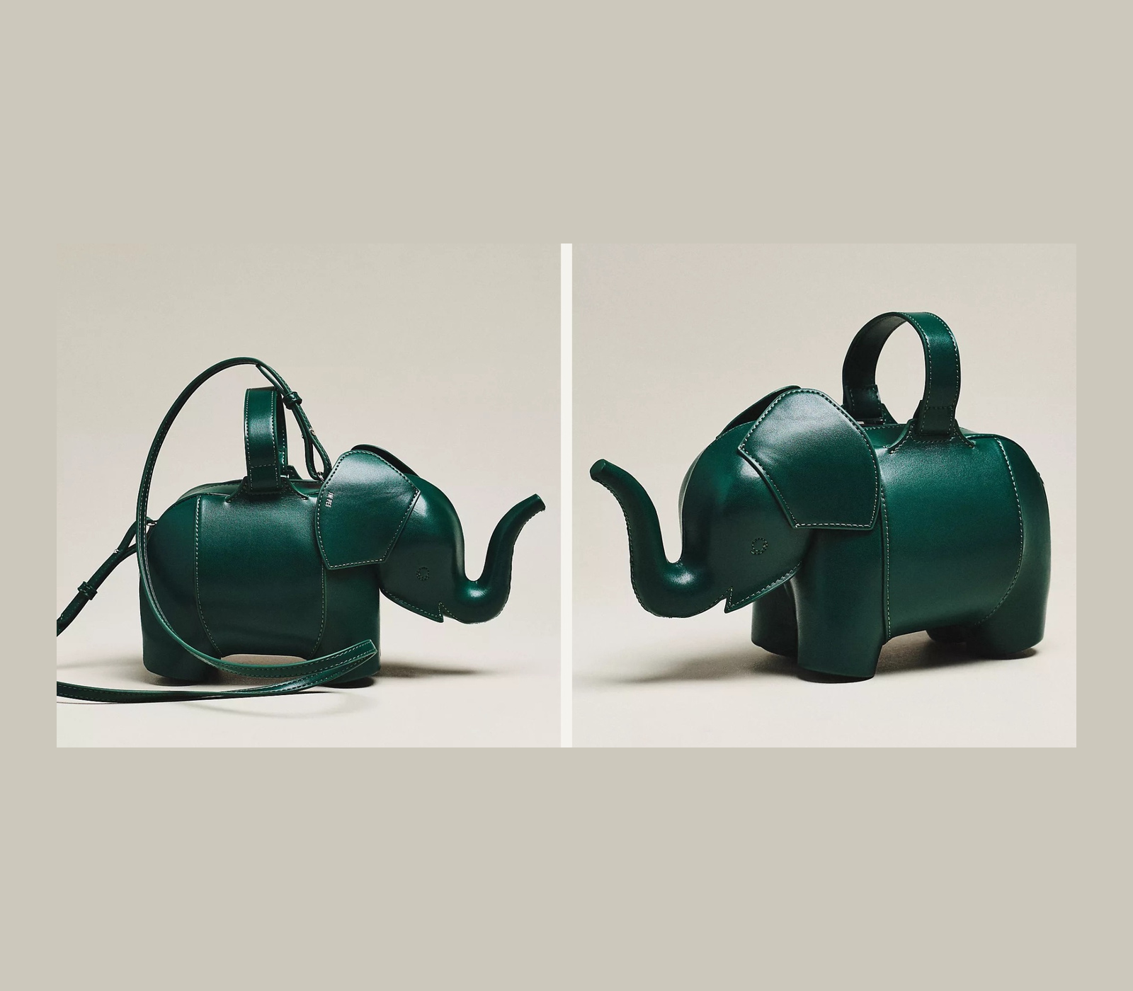 Two views of the green JW PEI Claire Elephant Handbag