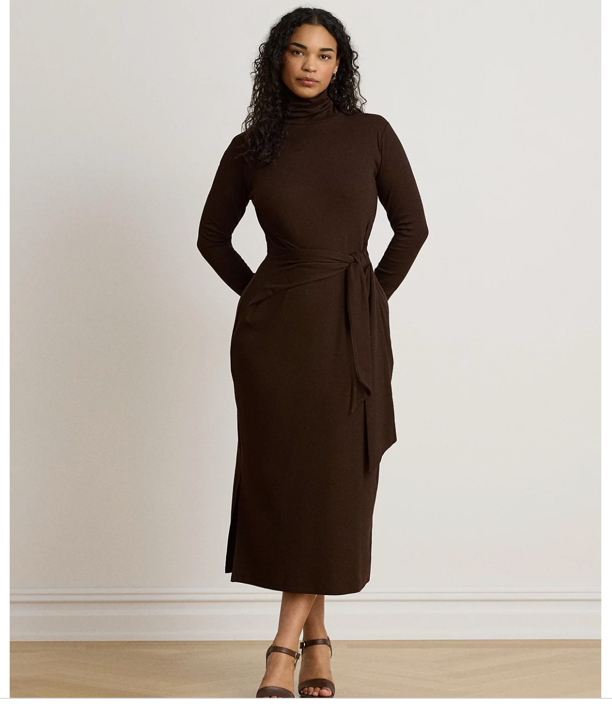 Lauren Ralph Lauren Tie-Front Turtle Neck Dress in Circuit Brown, full-length view