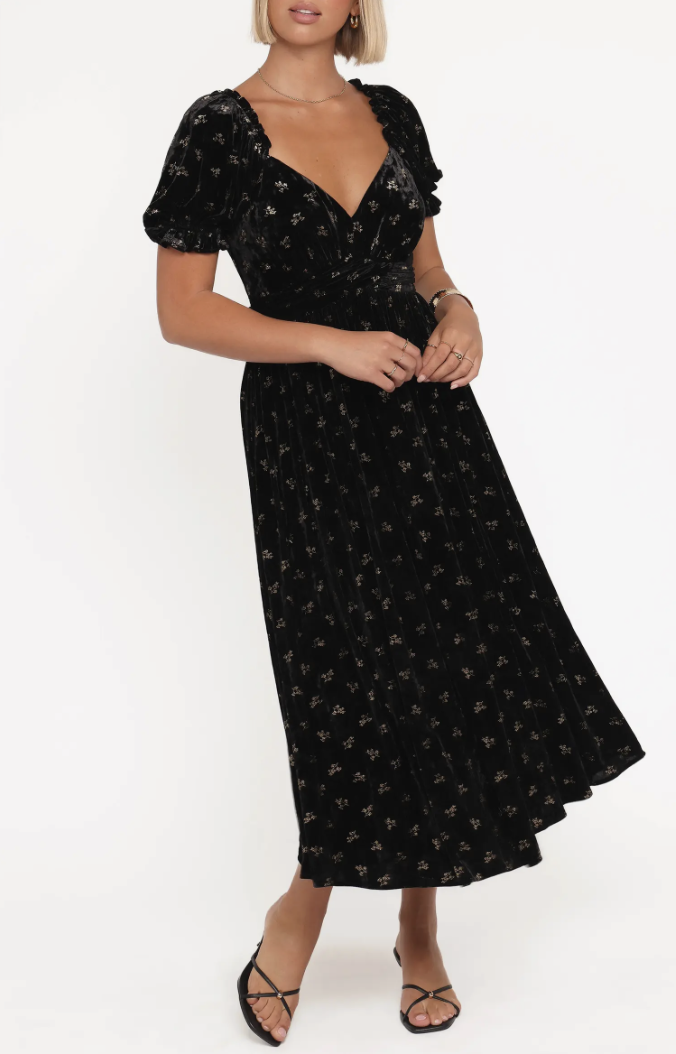 Petal & Pup Farryn Floral Velvet Puff Sleeve Midi Dress