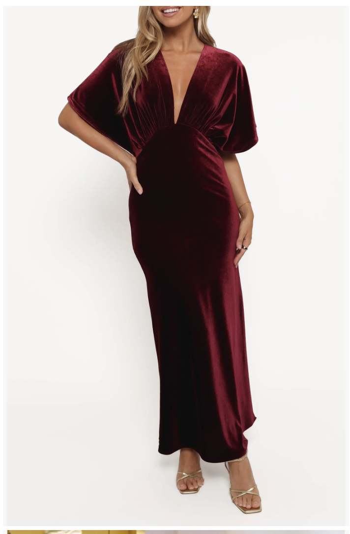 Petal & Pup Ricki Plunge Neck Velvet Maxi Dress in wine, front view