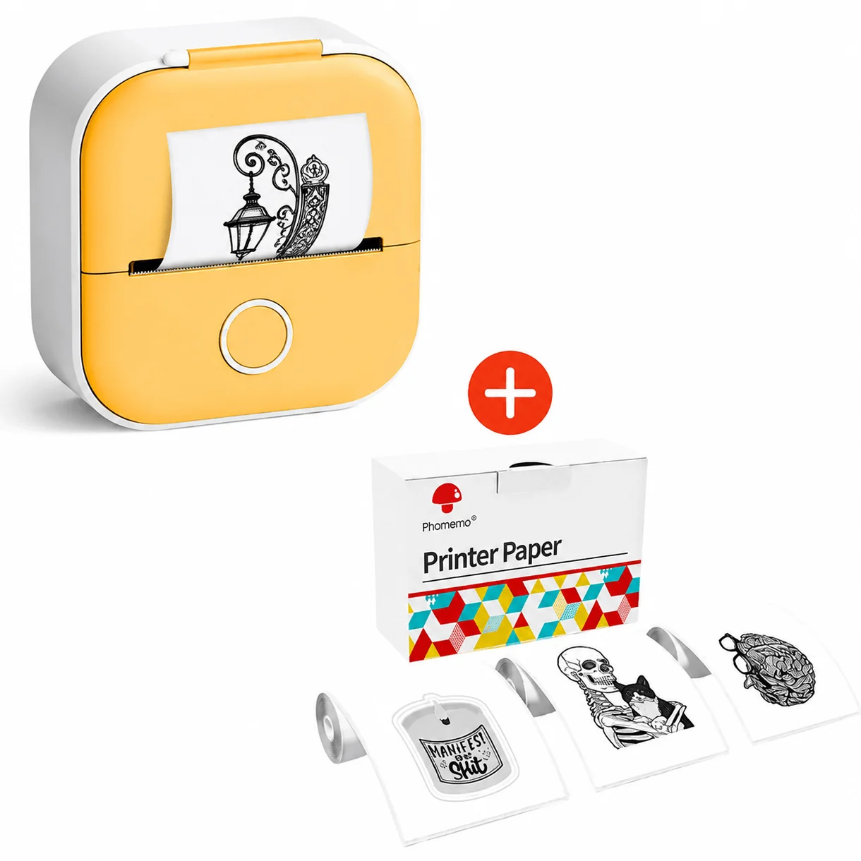 Yellow Phomemo T02 Pocket Inkless Printer with paper and printed accessories