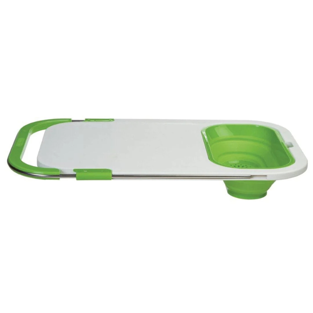 Progressive Over-the-Sink Prep Station with cutting board and green collapsible colander