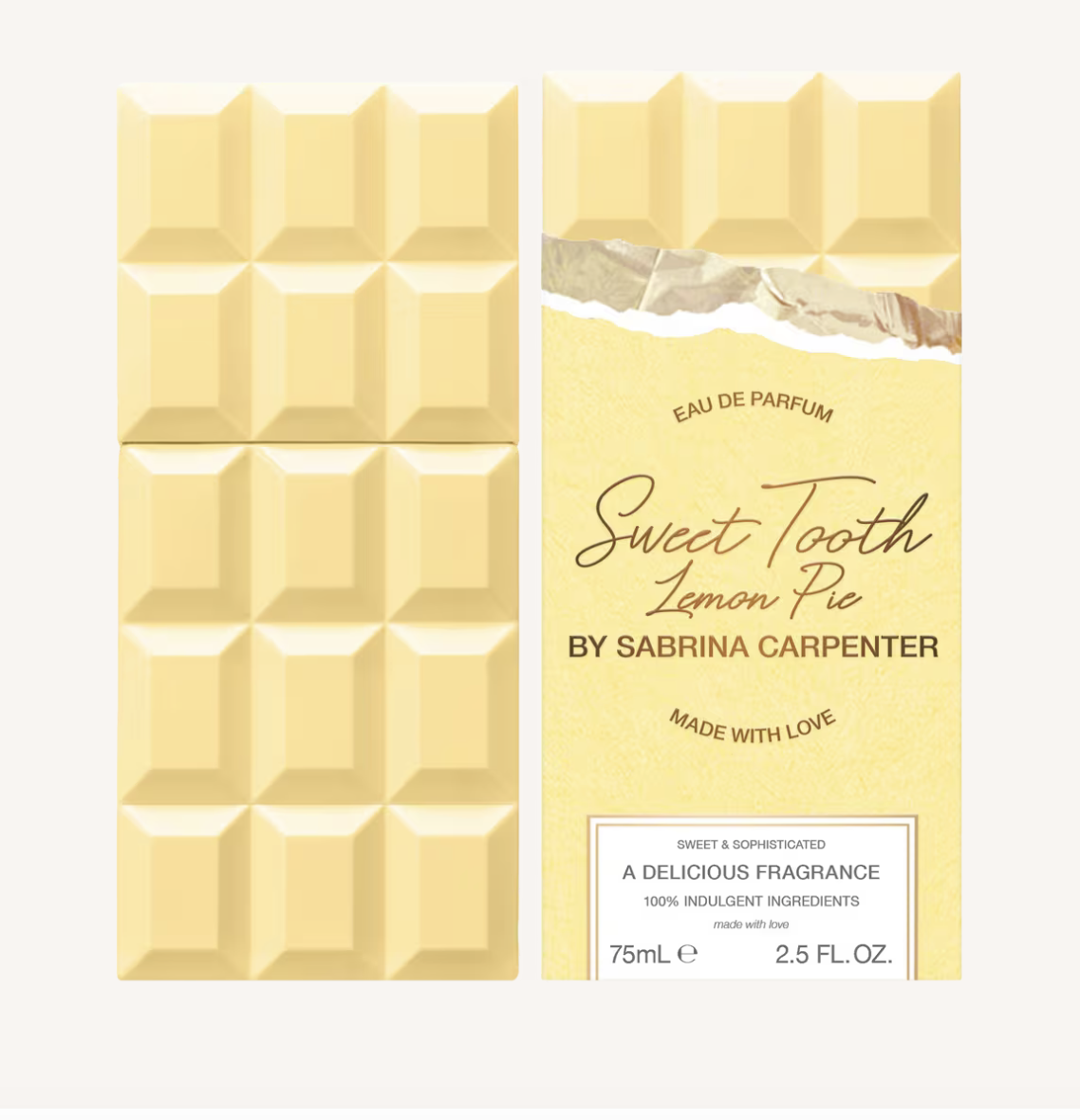 Sabrina Carpenter Sweet Tooth Lemon Pie bottle and coordinating wrapper packaging