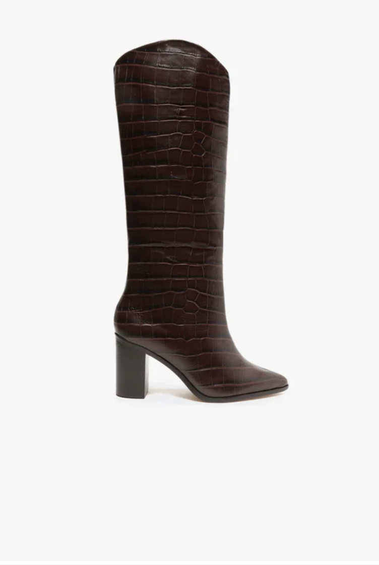 SCHUTZ Maryana Block Boot in dark chocolate crocodile-effect leather