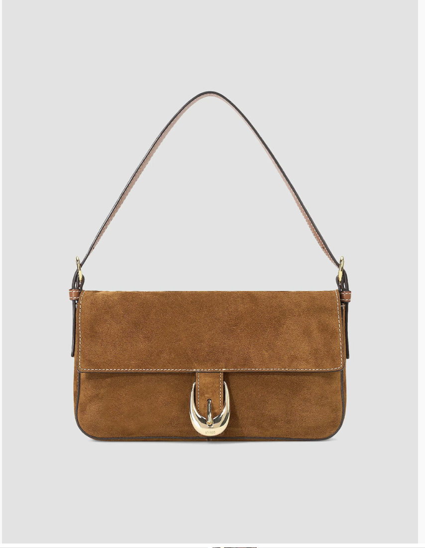 STAUD Harlow tan suede shoulder bag with complete strap