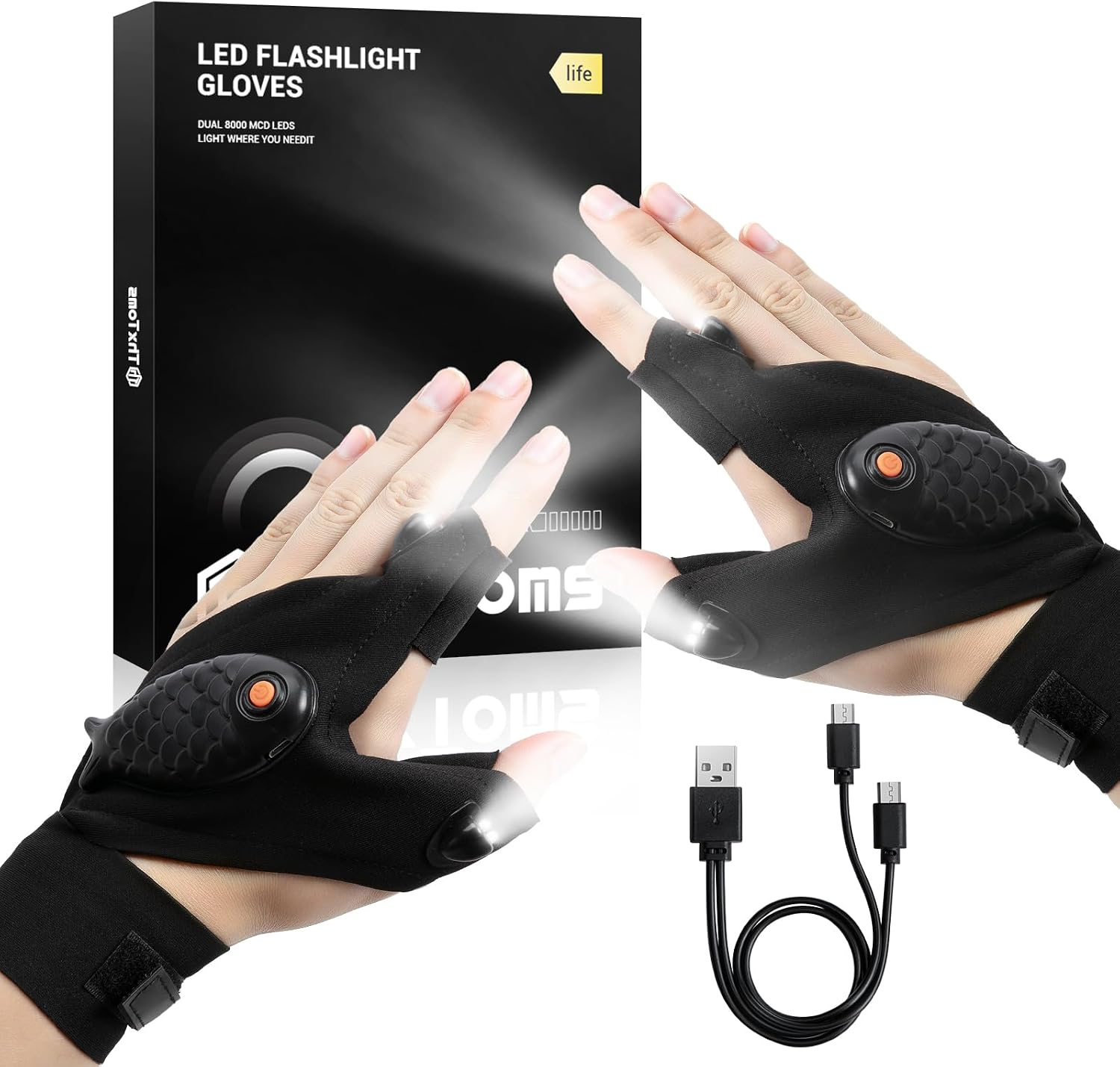 ThxToms Rechargeable Flashlight Gloves with illuminated fingertips, packaging, and charging cable